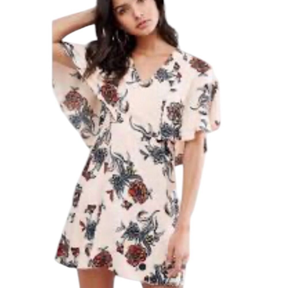 River Island light peach Mini Dress with Multi-Color Floral Print size 10